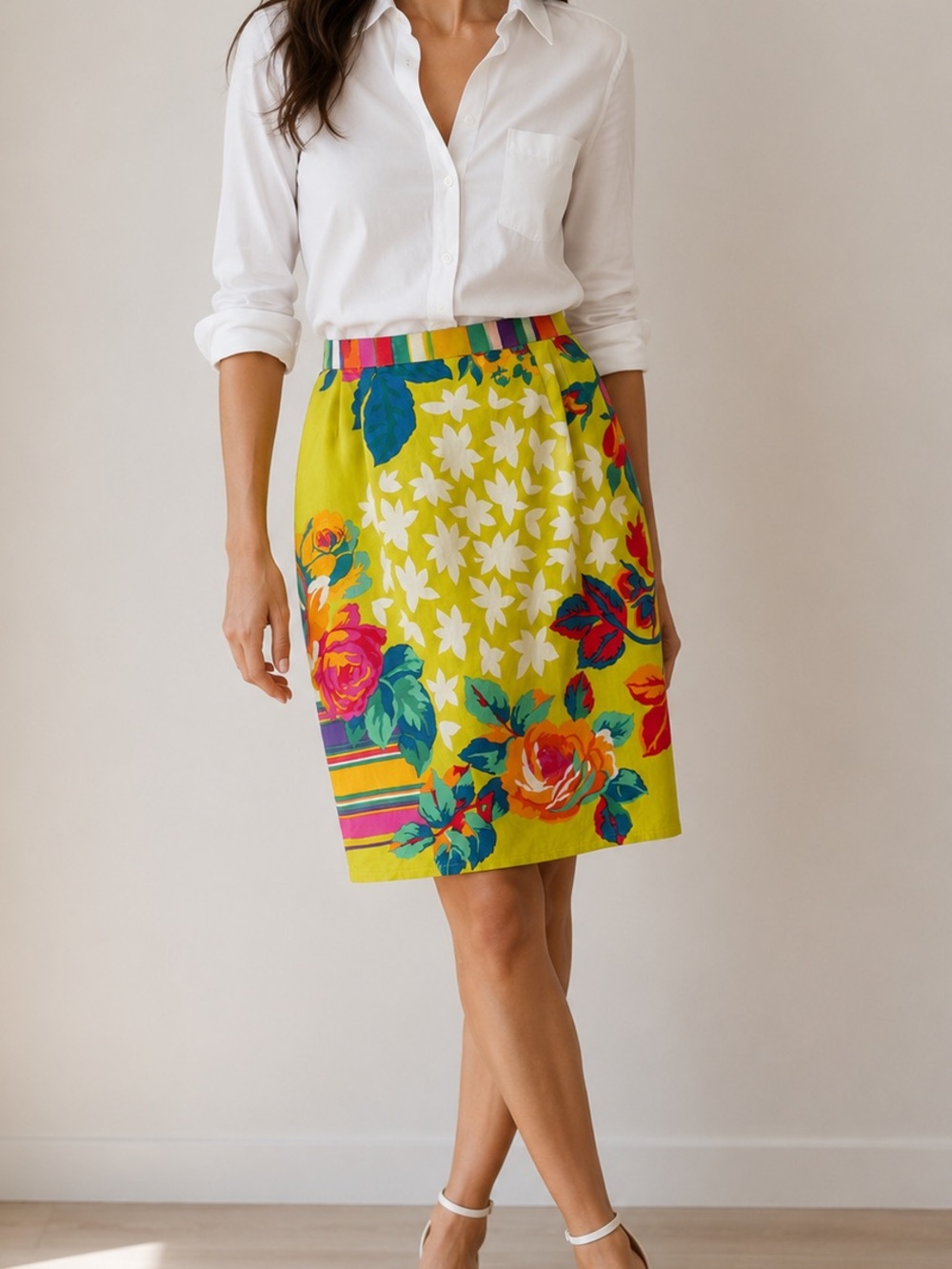 Adrienne Vittadini Vintage Floral Midi Skirt Size 10 Chartreuse Cotton Blend